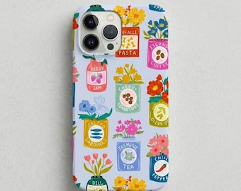 Cottagecore iPhone Case, Cute Pantry Jar Phone Case, Floral Kitchen Aesthetic Case, Vintage Food Label iPhone Cover, Colorful Cute  Case