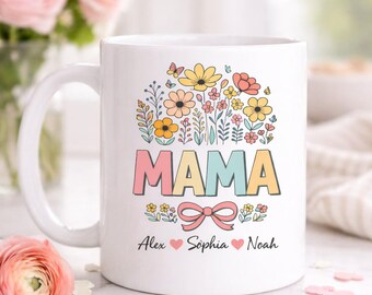 Personalized Mama Mug, Custom Name Coffee Cup for Mom, Floral Butterfly Mug, Mother’s Day Gift, Cute Aesthetic Mom Gift, Retro Pastel Mug