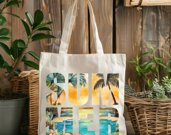 Summer Tote Bag, Tropical Beach Canvas Bag, Aesthetic Palm Tree Tote, Vacation Bag, Cute Reusable Shopper, Gift for Her