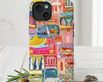 Retro Sardine Can Phone Case, Italian Summer Coastal Case, Colorful Striped Fish Cover, Mediterranean Aesthetic Case