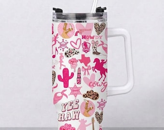 Pink Cowgirl Tumbler with Handle, Yeehaw Western Aesthetic Cup, Cute Cowboy Boots & Cactus Mug, Girly Rodeo Travel Mug, Country Girl Gift