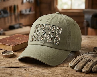 Jesus Camo Cap, Christian Baseball Cap, Faith Trucker Hat, Religious Gift, Vintage Washed Cap, Streetwear Christian Hat, Unisex Dad Hat