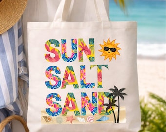 Sun Salt Sand Tropical Tote Bag, Beach Vacation Canvas Bag, Summer Floral Tote, Coastal Aesthetic Shopper, Cute Beach Gift for Women