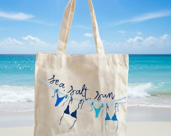 Sea Salt Sun Canvas Tote Bag, Beach Tote, Summer Beach Bag, Coastal Tote Bag