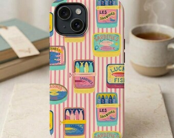 Retro Sardines Phone Case, Cute Vintage Fish Tin iPhone Case, Pink Striped Aesthetic, Colorful Seafood Pattern Cover