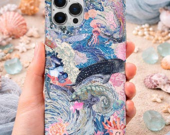 Ocean Aesthetic Phone Case, Whale Shark Sea Life iPhone Case, Jellyfish Turtle Ocean Art Case, Coastal Beach Phone Cover, Blue Marine Case