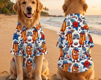 Funny Hot Dog Beer Pet Hawaiian Shirt, 4th of July Dog Shirt, Patriotic USA Pet Outfit, BBQ Party Dog Clothes, Red White Blue Pet Apparel