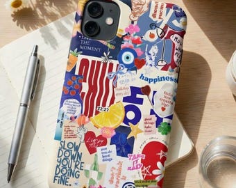 Colorful Collage iPhone Case, Aesthetic Sticker Phone Case, Trendy Scrapbook Style Cover, Cute Preppy Art Phone Case