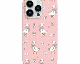 Cute Coquette Duck Phone Case, Kawaii Pink Goose Phone Case, Aesthetic Daisy Flower Cover, Bow Aesthetic Phone Skin, Gift for Her