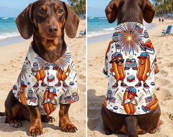 Funny Hot Dog Fireworks Pet Hawaiian Shirt, 4th of July Dog Shirt, Patriotic BBQ Dog Outfit, Beer Party Pet Shirt, Red White Blue Pet Tee