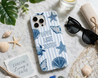 Beach Phone Case “Love Like Jesus” Christian iPhone Case, Blue Seashell Starfish Aesthetic, Summer Ocean Coastal Cute Case
