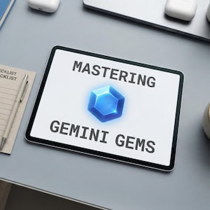 May include: A tablet shows the words "MASTERING GEMINI GEMS" and a blue gem graphic. A notepad, pen, coffee cup, and other items are on a grey surface.