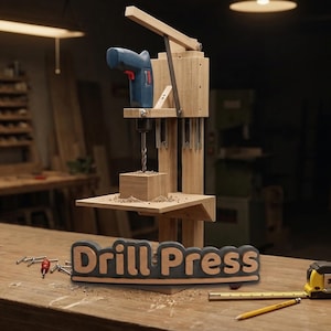 Può includere: Un supporto per trapano a colonna in legno con un trapano elettrico blu montato verticalmente sopra una piattaforma piatta. Un blocco di legno è posizionato sotto la punta. Un cartello con la scritta "Drill Press" è in primo piano.