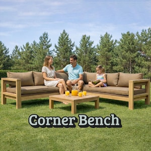 May include: Outdoor corner bench set with a light brown wooden frame and tan cushions. A matching square coffee table sits in front of the bench. The text "Corner Bench" is displayed at the bottom of the image.