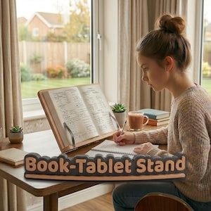 May include: A wooden book and tablet stand featuring a dark gray base with the text "Book-Tablet Stand" in raised light brown lettering. The stand is angled to hold an open book with metal page holders, resting on a wooden surface.