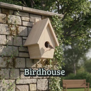Op de afbeelding: Een lichtgekleurd houten vogelhuisje met een driehoekig dak is bevestigd aan een stenen muur. Een kleine vogel zit in de buurt van het ingangsgat. Het woord "Birdhouse" staat vetgedrukt onderaan de afbeelding.