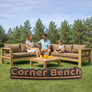 May include: A light brown wooden corner bench with thick beige cushions arranged in an L-shape, featuring a matching square coffee table in the center. The words Corner Bench are displayed in large, bold, dark brown and tan 3D lettering in front.