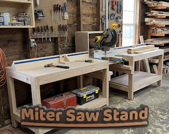May include: A light-colored wooden miter saw stand featuring a flat work surface, a blue track, and a lower shelf. A yellow and black miter saw is mounted on the right side. The text "Miter Saw Stand" is displayed in the foreground.