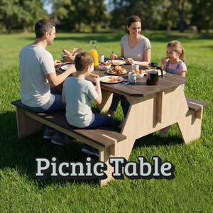 Könnte beinhalten: Ein Picknicktisch aus Holz mit angebrachten Bänken. Der Tisch hat eine dunkelbraune Tischplatte und hellbraune Beine. Der Text "Picnic Table" wird am unteren Rand des Bildes angezeigt. Eine Familie sitzt um den Tisch und genießt eine Mahlzeit im Freien.