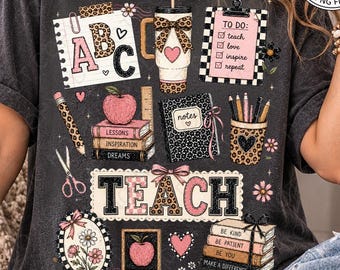 Leopard Teacher Shirt PNG: Trendy Checkered Preppy Pink School Collage png