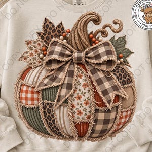 Fall Patchwork Pumpkin PNG, Faux Embroidery Autumn Pumpkin Sublimation Design (Digital Download)