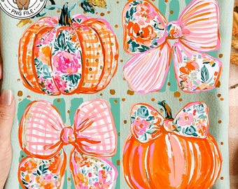 Fall Bow Pumpkin Striped PNG, Preppy Floral Pumpkin Trending Sublimation DTF Design (Digital Download)