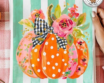 Fall Pumpkin Striped PNG, Preppy Floral Bow Pumpkin Trending Sublimation DTF Design (Digital Download)