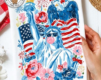 Brushstroke Statue of Liberty Blowing Bubble Png, Preppy Trending Png, 4th July USA Patriotic Png Design, Girly Png