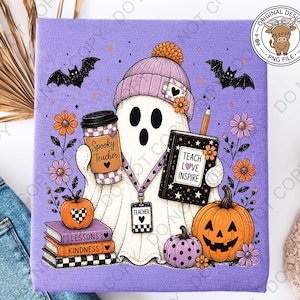 May include: A purple t-shirt featuring a ghost wearing a lavender beanie, holding a coffee cup labeled Spooky Teacher and a book labeled Teach Love Inspire. The design includes pumpkins, flowers, bats, and a stack of books labeled Lessons and Kindness.