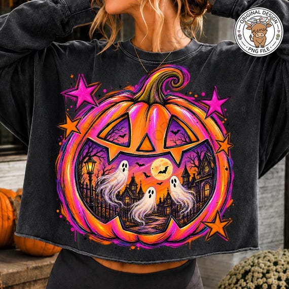 Halloween Ghost Pumpkin PNG, Neon Pumpkin Trending Sublimation DTF Design (Digital Download)