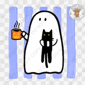 May include: A digital illustration featuring a white ghost character holding an orange jack-o'-lantern mug with steam rising, while embracing a black cat. The background consists of vertical light blue stripes and a circular logo with a cow icon.