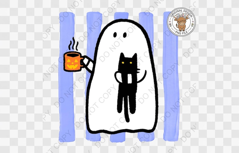 May include: A digital illustration featuring a white ghost character holding an orange jack-o'-lantern mug with steam rising, while embracing a black cat. The background consists of vertical light blue stripes and a circular logo with a cow icon.
