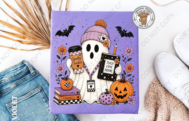 May include: A purple t-shirt featuring a ghost wearing a lavender beanie, holding a coffee cup labeled Spooky Teacher and a book labeled Teach Love Inspire. The design includes pumpkins, flowers, bats, and a stack of books labeled Lessons and Kindness.
