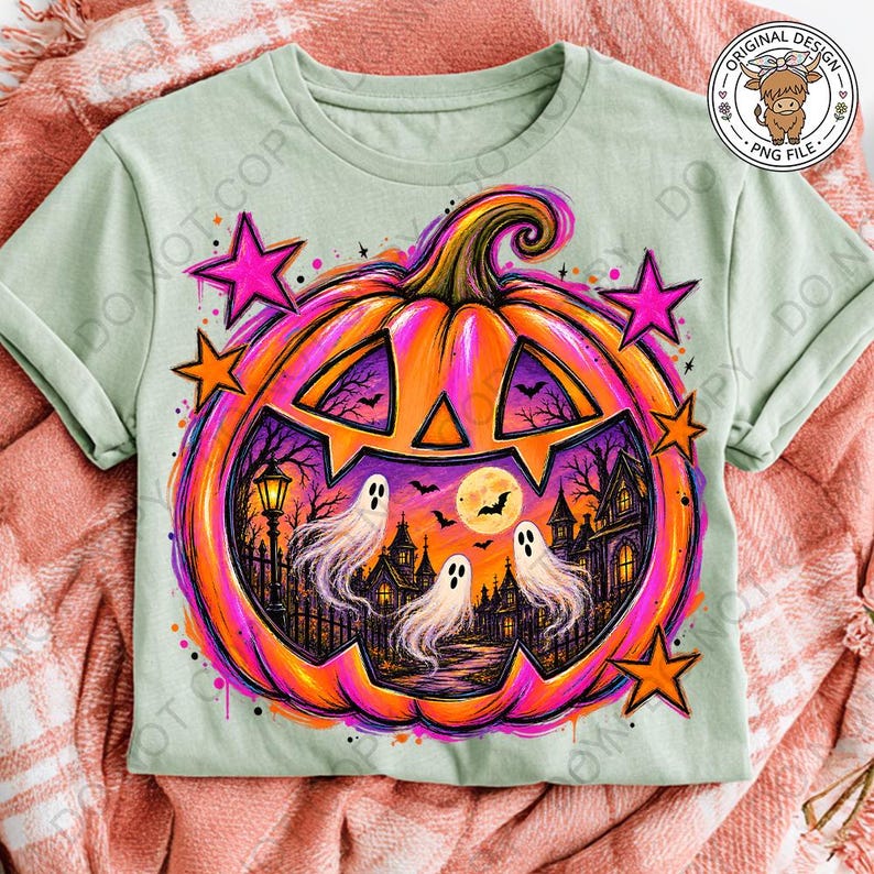 May include: A light green t-shirt featuring a large, vibrant orange and pink pumpkin graphic. The pumpkin contains a spooky scene with three white ghosts, a haunted house, a full moon, bats, and a lamp post. Bright pink and orange stars surround the pumpkin.