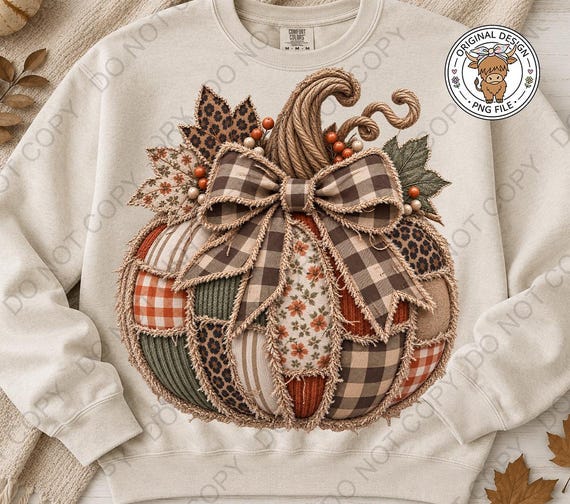 Fall Patchwork Pumpkin PNG, Faux Embroidery Autumn Pumpkin Sublimation Design (Digital Download)