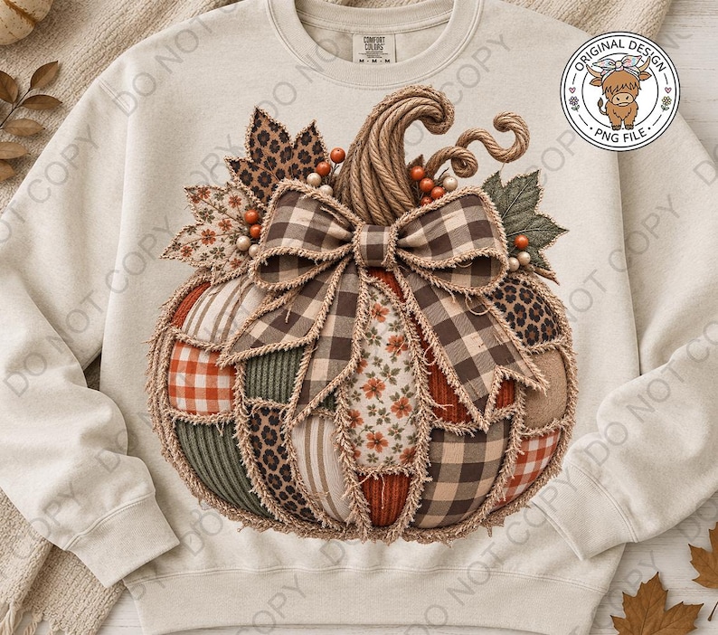 May include: A cream-colored crewneck sweatshirt featuring a large, central graphic of a pumpkin made from various fabric patches including plaid, leopard print, floral, and gingham patterns, topped with a large brown and white checkered bow.