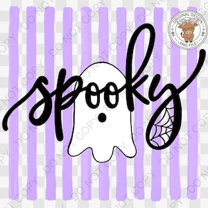 Op de afbeelding: Een digitaal grafisch ontwerp met verticale lichtpaarse strepen als achtergrond. In het midden staat een witte spookillustratie met een zwarte stip als oog. Het woord spooky is geschreven in zwart cursief schrift, met een spinnenweb in de letter y.