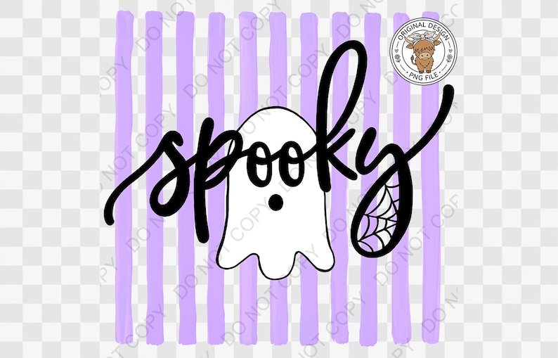 Op de afbeelding: Een digitaal grafisch ontwerp met verticale lichtpaarse strepen als achtergrond. In het midden staat een witte spookillustratie met een zwarte stip als oog. Het woord spooky is geschreven in zwart cursief schrift, met een spinnenweb in de letter y.