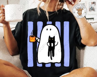 Cute Halloween Ghost Coffee Png, Funny Striped Halloween Black Cat Shirt PNG DTF Print Ready Design (Digital Download)
