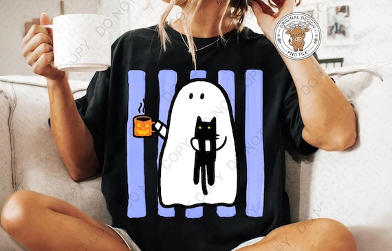 Cute Halloween Ghost Coffee Png, Funny Striped Halloween Black Cat Shirt PNG DTF Print Ready Design (Digital Download)