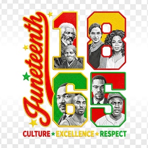 Peut inclure: Un design graphique avec le mot Juneteenth en écriture rouge, le nombre 1865 en grands chiffres rouges et verts, et des portraits en noir et blanc de personnages historiques. En bas, les mots CULTURE, EXCELLENCE et RESPECT sont inscrits.