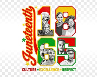 May include: A graphic design featuring the word Juneteenth in red script, the number 1865 in large red and green block digits, and black and white portraits of historical figures. Below, the words CULTURE, EXCELLENCE, and RESPECT are printed.