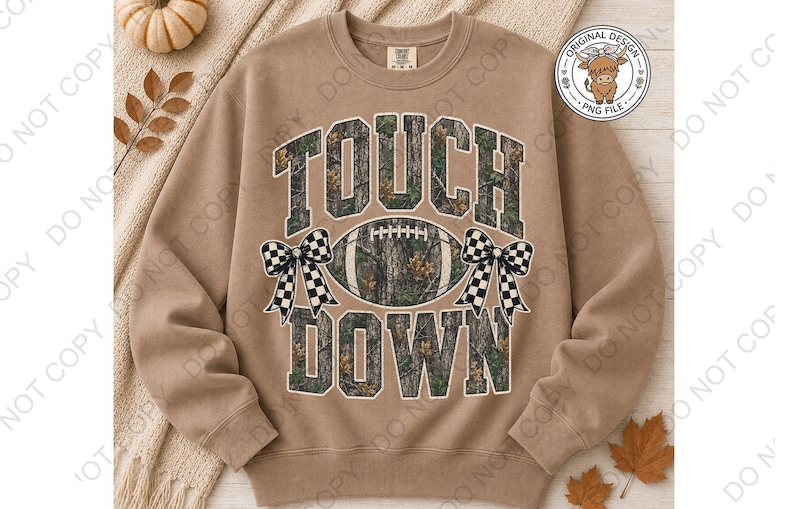 May include: A tan crewneck sweatshirt featuring the text TOUCH DOWN in a camouflage pattern. A football graphic with a camouflage print is centered between the words, flanked by two black and white checkered bows on either side of the ball.