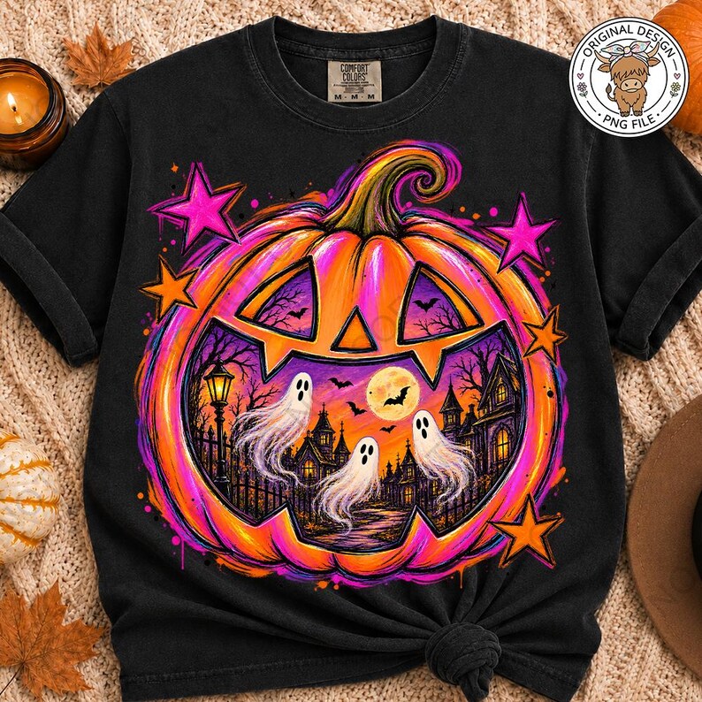 May include: A black short-sleeve t-shirt featuring a large, vibrant orange jack-o'-lantern graphic. Inside the pumpkin are three white ghosts, a haunted house, a full moon, and bats. The design is accented with bright pink and orange stars.