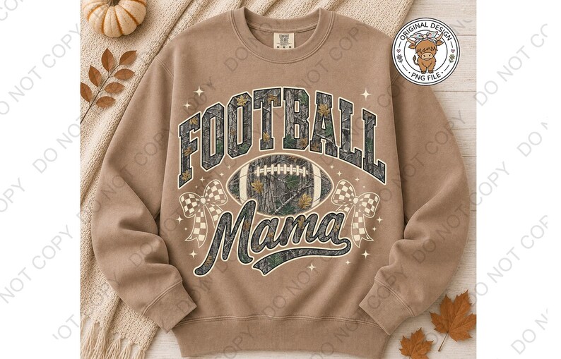 May include: A tan crewneck sweatshirt featuring a graphic print with the text FOOTBALL MAMA in a camouflage pattern. The design includes a football, two checkered bows, and small star accents. The sweatshirt has long sleeves and a ribbed neckline.