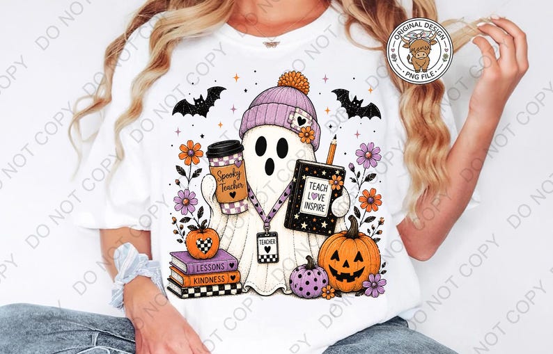 May include: A white t-shirt featuring a graphic of a ghost wearing a purple beanie, holding a coffee cup labeled Spooky Teacher and a book labeled Teach Love Inspire. The design includes bats, pumpkins, flowers, and a stack of books labeled Lessons and Kindness.