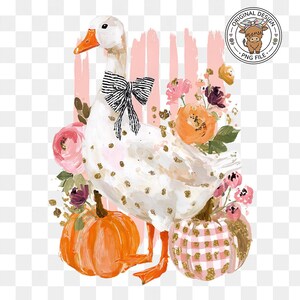 May include: Watercolor illustration of a white goose with a black and white bow tie, gold polka dots, and orange feet. The goose is surrounded by pink and orange flowers, and two pumpkins. A PNG file logo is in the upper right.