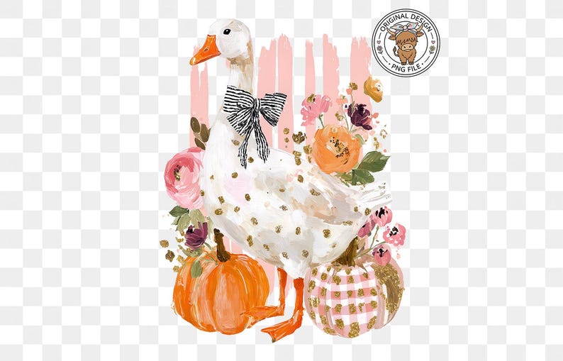 May include: Watercolor illustration of a white goose with a black and white bow tie, gold polka dots, and orange feet. The goose is surrounded by pink and orange flowers, and two pumpkins. A PNG file logo is in the upper right.