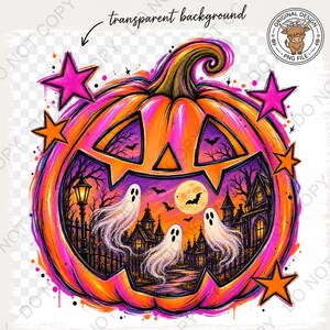 May include: A digital illustration of a bright orange and pink jack-o'-lantern featuring a spooky scene inside its carved face. The scene depicts three white ghosts, a full moon, bats, and a dark house. Pink and orange stars surround the pumpkin.