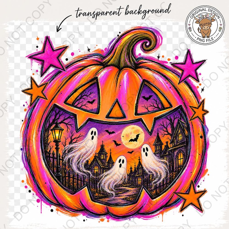 May include: A digital illustration of a bright orange and pink jack-o'-lantern featuring a spooky scene inside its carved face. The scene depicts three white ghosts, a full moon, bats, and a dark house. Pink and orange stars surround the pumpkin.